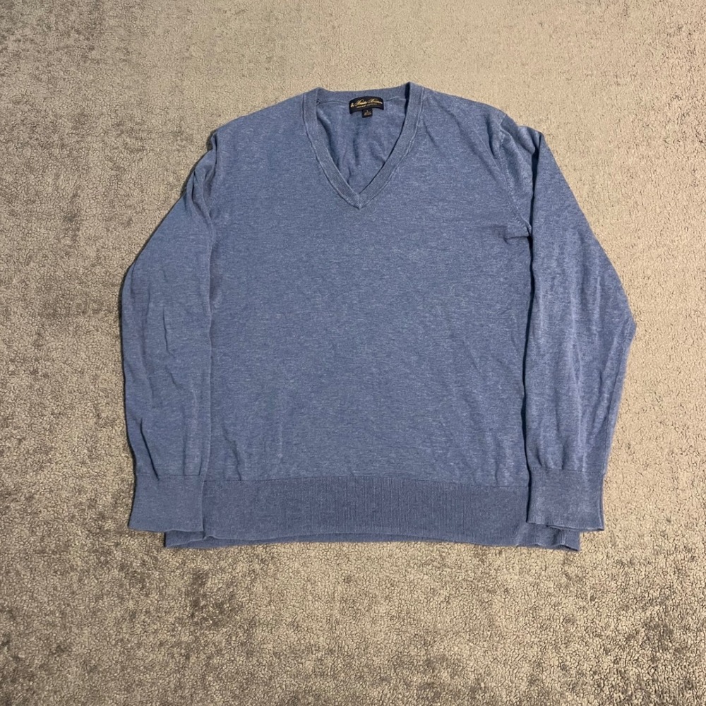 Brooks Brothers Mens Blue Supima Cotton V-Neck Sweater Size L Heathered Knit